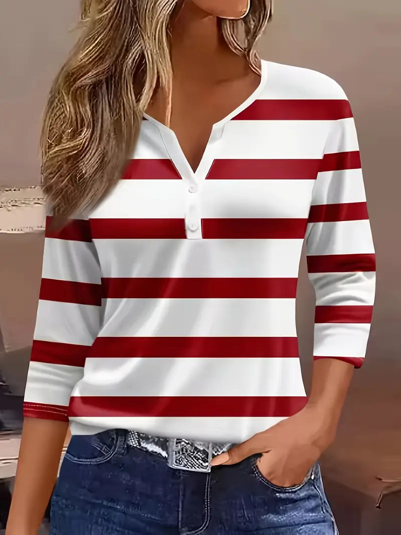 MELANIE – STRIPED BUTTON HENLEY TOP