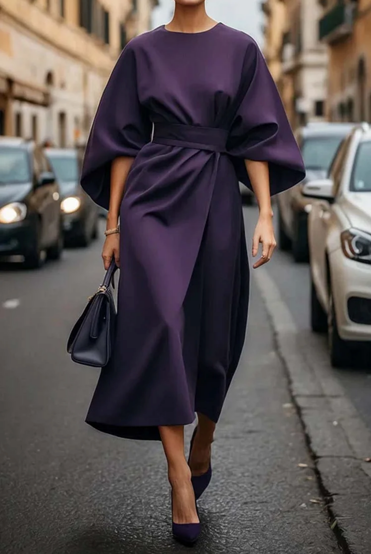ADRIANA – ELEGANT BELTED BATWING MIDI DRESS